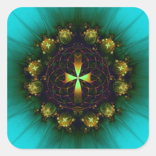 Green Cross Mandala Quadratischer Aufkleber (Vorderseite)