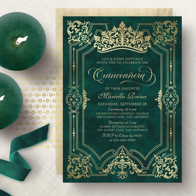 Green Crown Tiara Elegante Quinceanera Einladung (Von Creator hochgeladen)