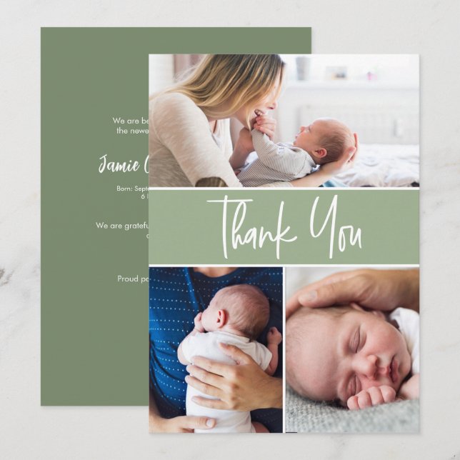 Green Custom 3 Baby Fotos Handschrift Dankeskarte (Vorne/Hinten)