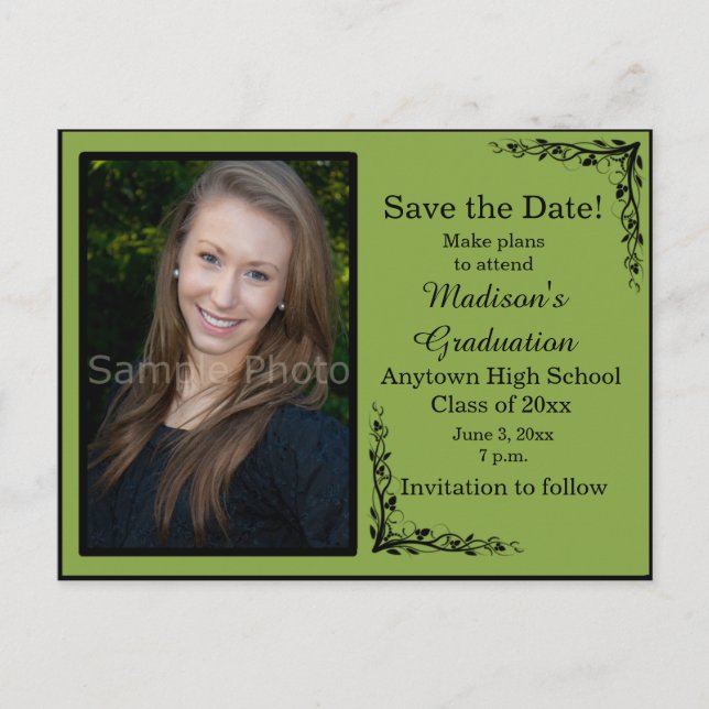 Green Custom Foto Abschluss Save the Date Card Postkarte (Vorderseite)