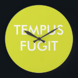 Green Custom Text Latin Phrases Tempus Fugit Große Wanduhr<br><div class="desc">Green and white minimalist round wall clock with latin motto "Tempus fugit". Personalize no numbers wall clocks with your colors, favorite latin quotes and fonts. Personalized latin phrases wall clock design, by red_dress, featuring the white text "Tempus Fugit" on a green background. Easily customize Tempus Fugit wall clocks with your...</div>