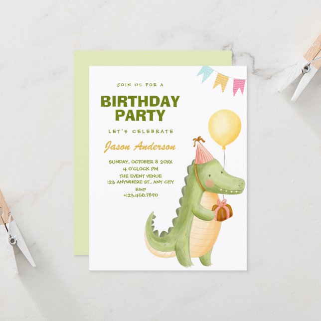 Green cute crocodile birthday einladung (Vorderseite/Rückseite Beispiel)