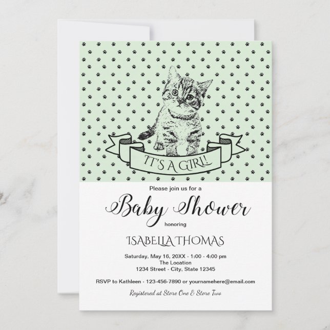 Green Cute Kitten Baby shower Invitation (Devant)