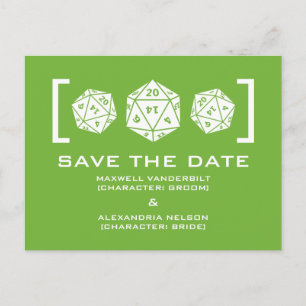 Green D20 Dice Gamer Save the Date Postcard Ankündigungspostkarte