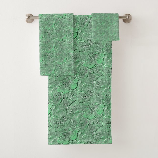 Green Daisy Blume Naturkunstmuster Badhandtuch Set (Insitu)