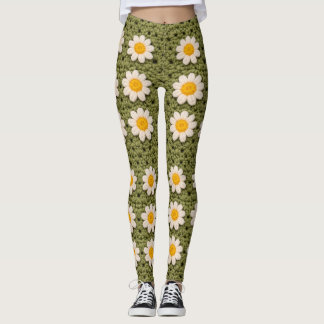 Green Daisy Granny Square Crochet Pattern Floral Leggings