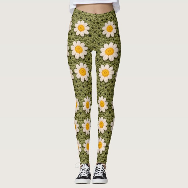 Green Daisy Granny Square Crochet Pattern Floral Leggings (Vorderseite)