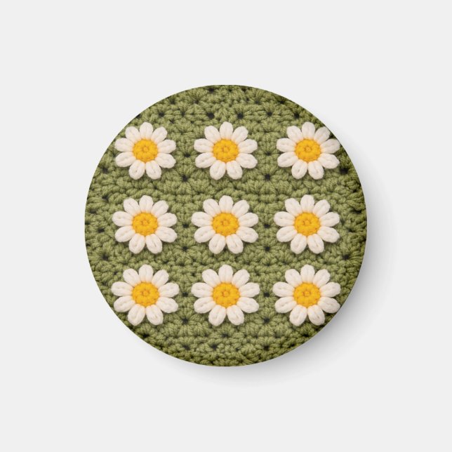 Green Daisy Granny Square Crochet Pattern Floral Magnet (Vorne)
