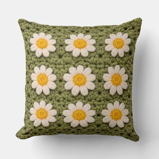 Green Daisy Granny Square Crochet Pattern Floral R Kissen (Vorderseite)