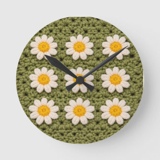 Green Daisy Granny Square Crochet Pattern Floral Runde Wanduhr