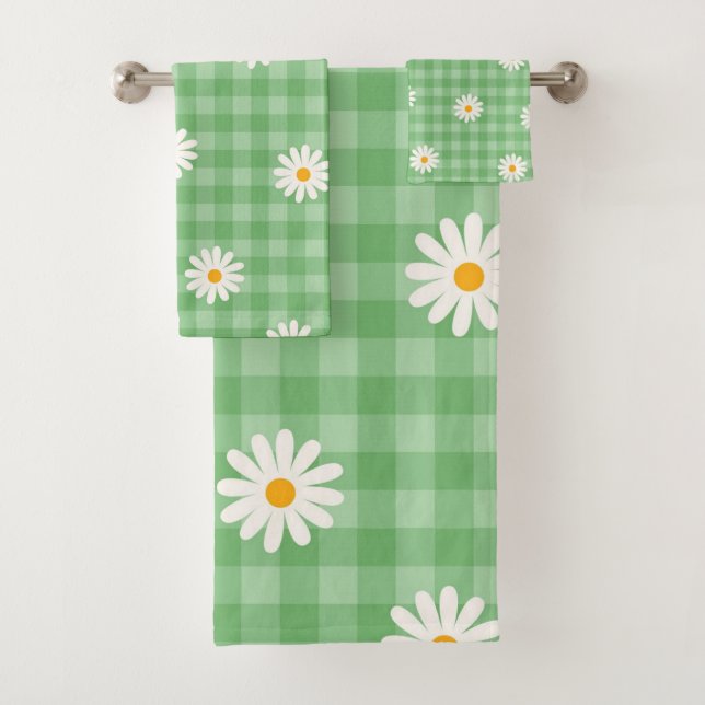 Green Daisy Kariert Gingham Karo Blume Pattern Badhandtuch Set (Insitu)
