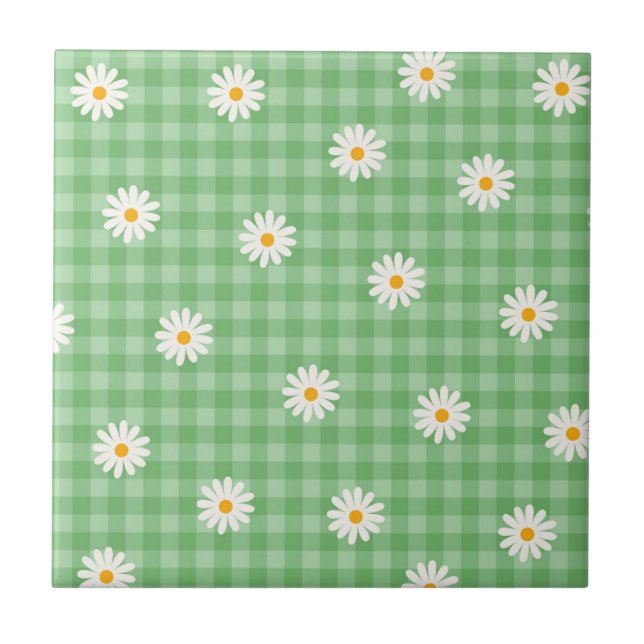 Green Daisy Kariert Gingham Karo Blume Pattern Fliese (Vorderseite)
