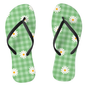 Green Daisy Kariert Gingham Karo Blume Pattern Flip Flops