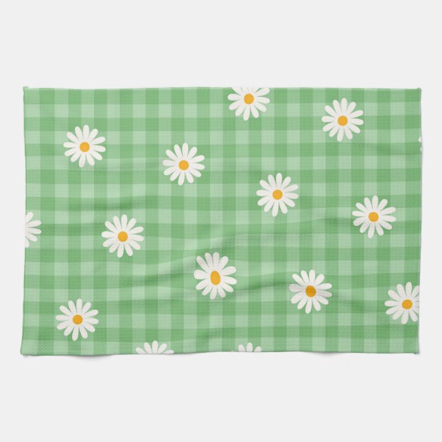 Green Daisy Kariert Gingham Karo Blume Pattern Geschirrtuch (Horizontal)
