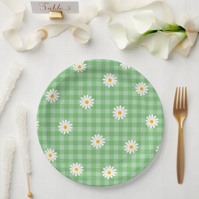 Green Daisy Kariert Gingham Karo Blume Pattern Pappteller (Hochzeit)