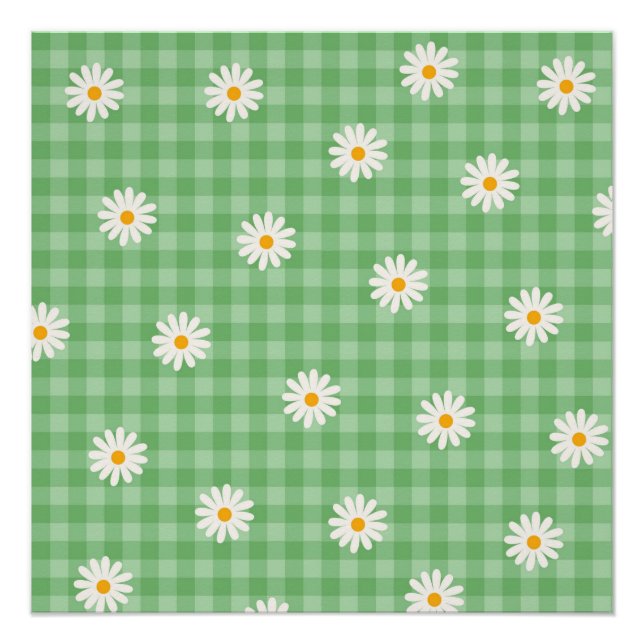 Green Daisy Kariert Gingham Karo Blume Pattern Poster (Vorderseite)