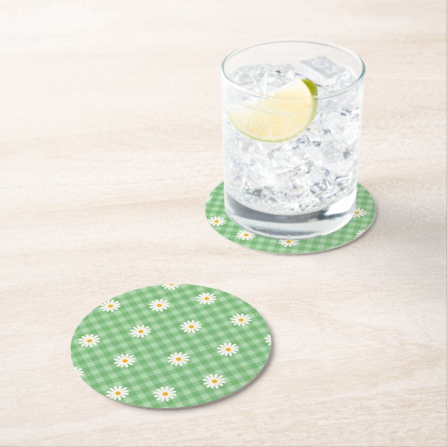 Green Daisy Kariert Gingham Karo Blume Pattern Runder Pappuntersetzer (Vor Ort)
