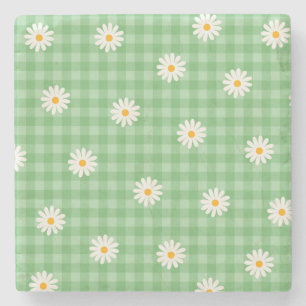 Green Daisy Kariert Gingham Karo Blume Pattern Steinuntersetzer