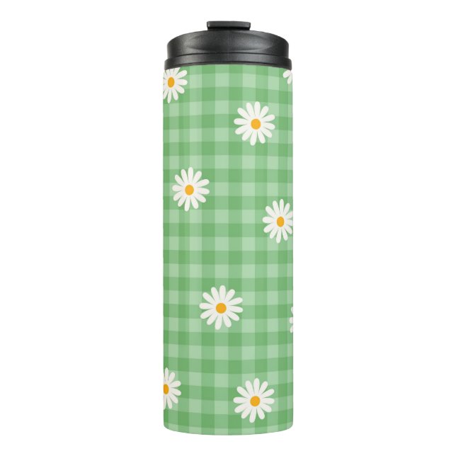 Green Daisy Kariert Gingham Karo Blume Pattern Thermosbecher (Vorderseite)