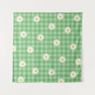 Green Daisy Kariert Gingham Karo Blume Pattern Wandteppich