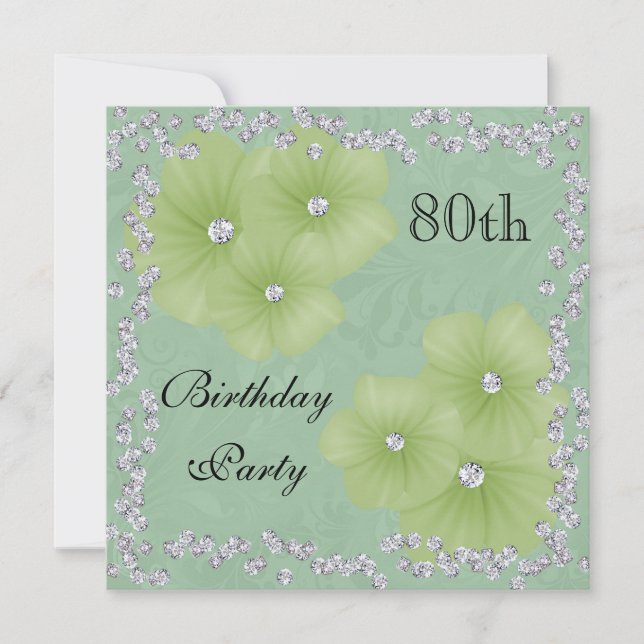 Green Damask & Blume 80. Geburtstag Einladung (Vorderseite)