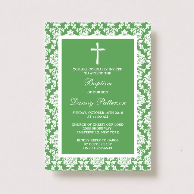 Green Damask Cross Taufen oder Christening Einladung (Von Creator hochgeladen)