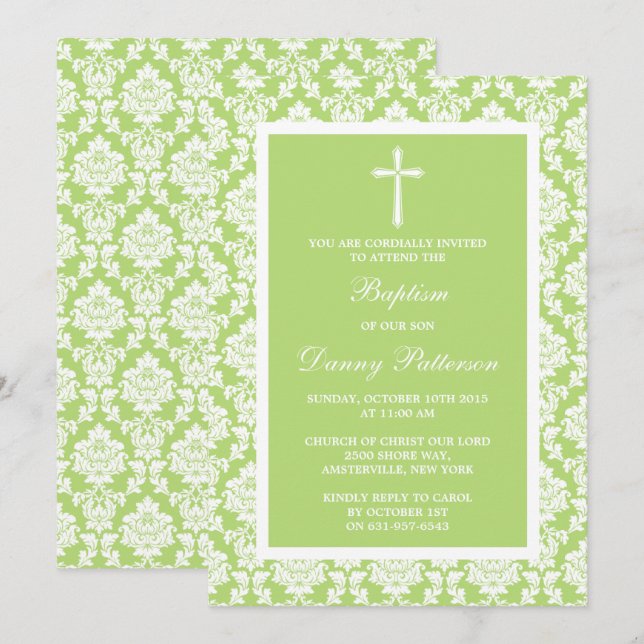 Green Damask Cross Taufen oder Christening Einladung (Vorne/Hinten)