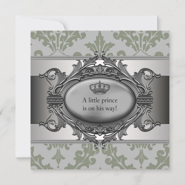 Green Damask Crown Litce Prince Boy Baby Dusche Einladung (Vorderseite)