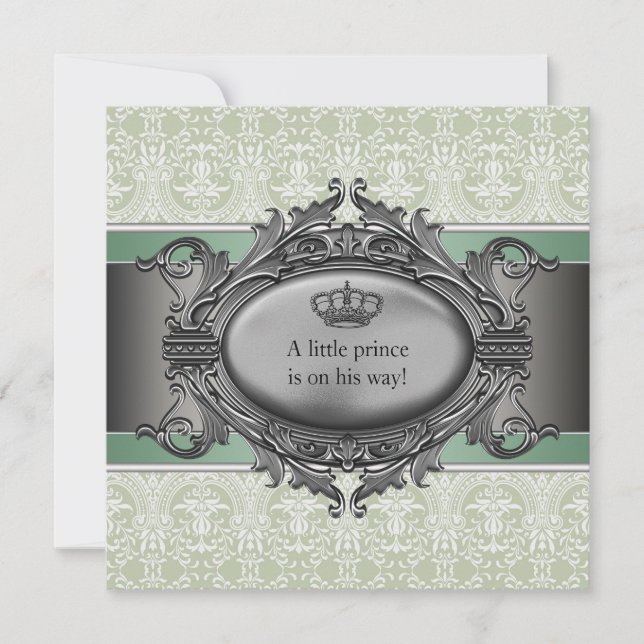 Green Damask Crown Litce Prince Boy Baby Dusche Einladung (Vorderseite)
