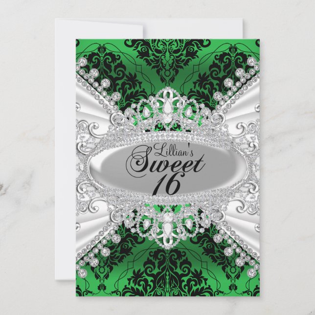 Green Damask & Diamond Tiara Sweet 16 Einladung (Vorderseite)