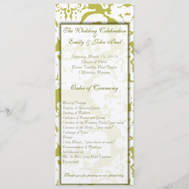 Green Damask Hochzeitseinladungen Programm (Vorderseite)
