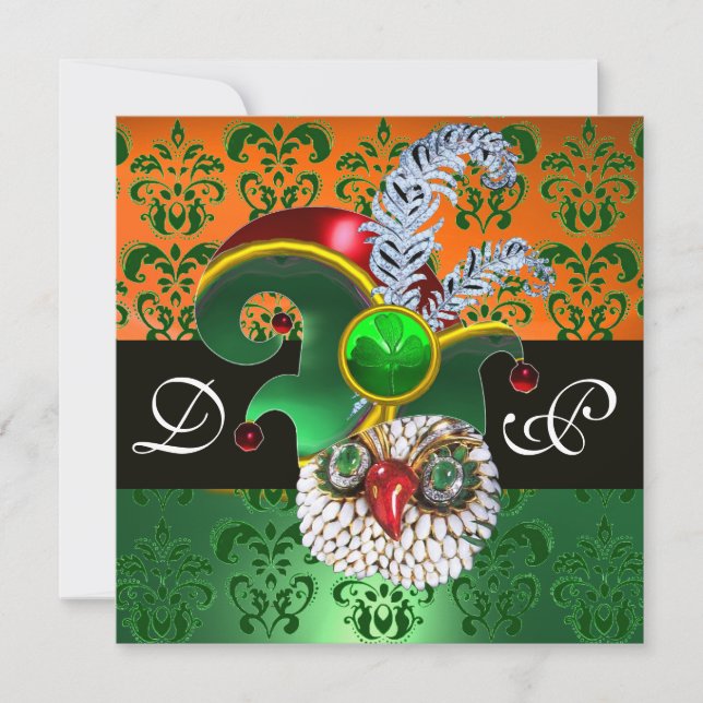 GREEN DAMASK ,JEWEL OWL ,ELF HAT,DIAMOND FEATHERS EINLADUNG (Vorderseite)