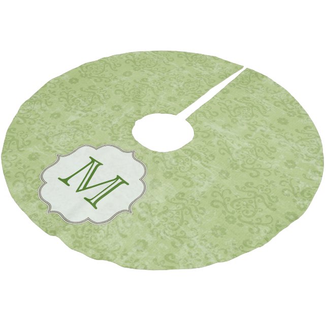 Green Damask Lace Monogram Initial Tree Skirt Polyester Weihnachtsbaumdecke (Schrägansicht)