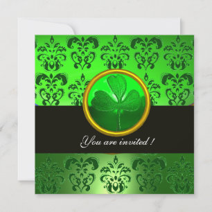 GREEN DAMASK MIT KLEEBLATT, schwarz Einladung