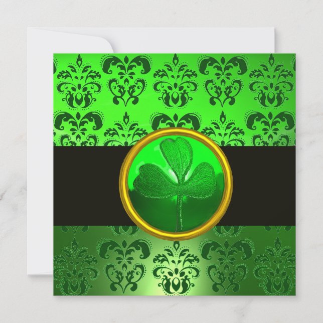 GREEN DAMASK MIT KLEEBLATT, schwarz Einladung (Vorderseite)