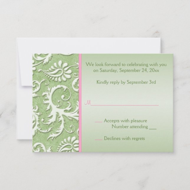 Green Damask mit rosa Antwortkarte RSVP Karte (Vorderseite)