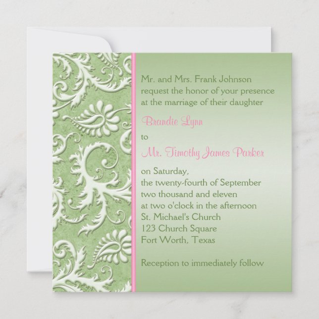 Green Damask mit rosa Einladung zur Hochzeit (Vorderseite)