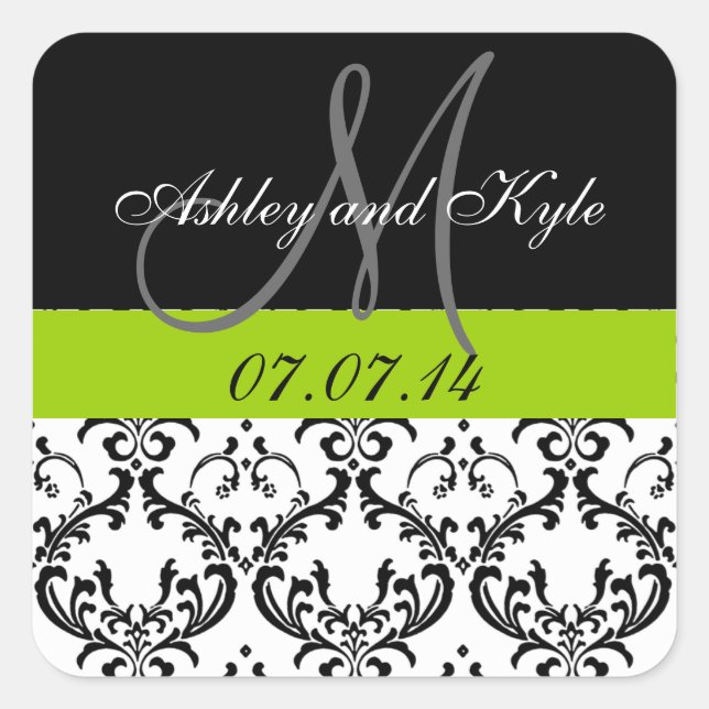 Green Damask Monogram Save the Date Stickers (Vorderseite)