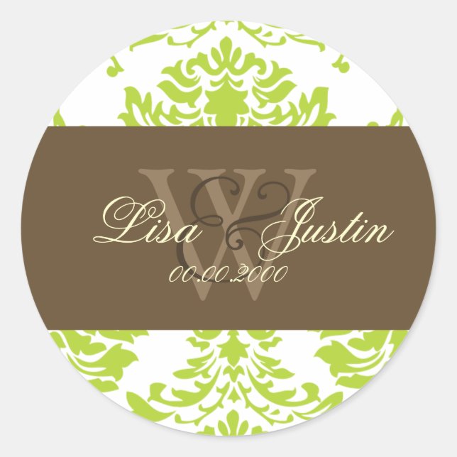 Green Damask Monogramm Hochzeitsticker Runder Aufkleber (Vorderseite)