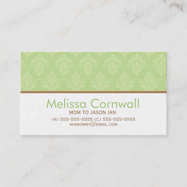 Green Damask Muster Mama ruft Calling Cards auf Telefonnummerkarte (Vorderseite)