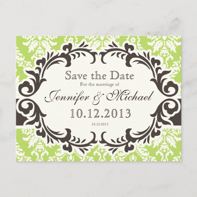 Green Damask Save the Date Postkarte (Vorderseite)