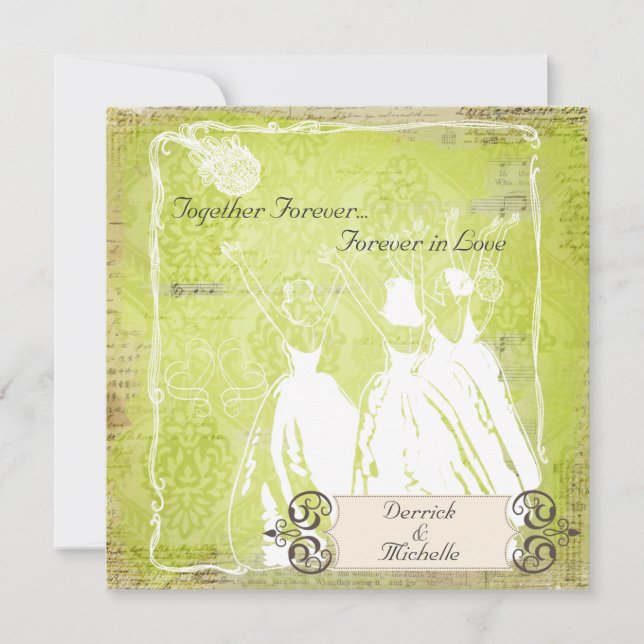 Green Damask Toss the Bouquet Wedite Einladung (Vorderseite)