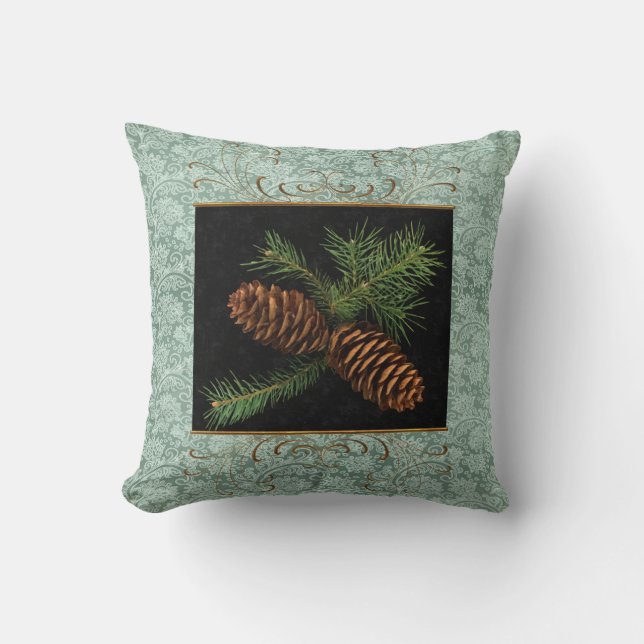 Green Damask und Aquarellkiefer Kissen (Vorderseite)