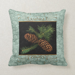 Green Damask und Aquarellkiefer Kissen