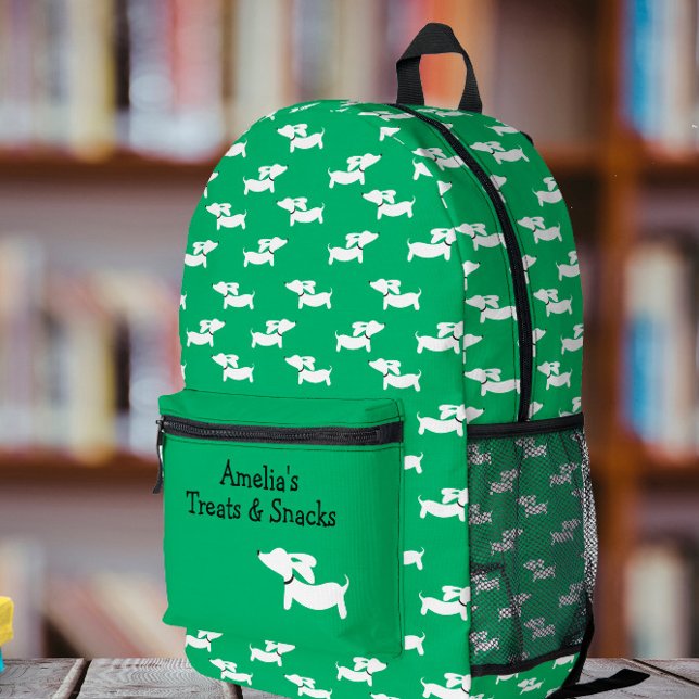Green Dancing Dackeln Beutel für Dackel Hunde Mama Bedruckter Rucksack (Dachshund backpack, great for carrying book and other doxie school fun or treats for your short one.)