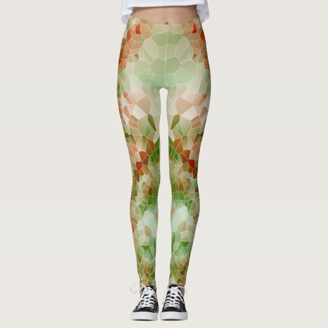 Green & Dark Orange Crystal Geometric Design Leggings (Vorderseite)