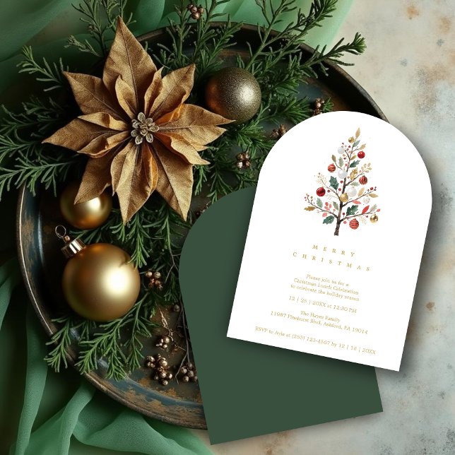 Green Delicate Simple Chic Winter Christmas Tree Einladung (Green Minimalist Chic Winter Christmas Tree Holiday Party Invitations Cards in  Watercolor Style.)
