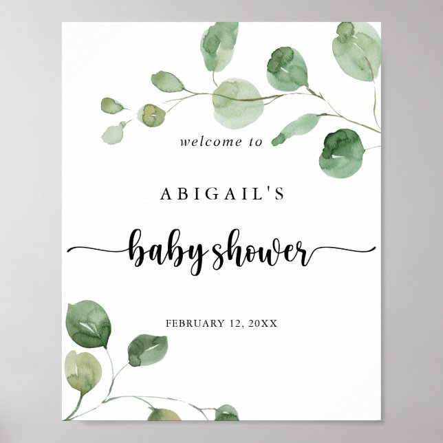Green Delight Eucalyptus Baby Dusche Willkommen Poster (Vorne)