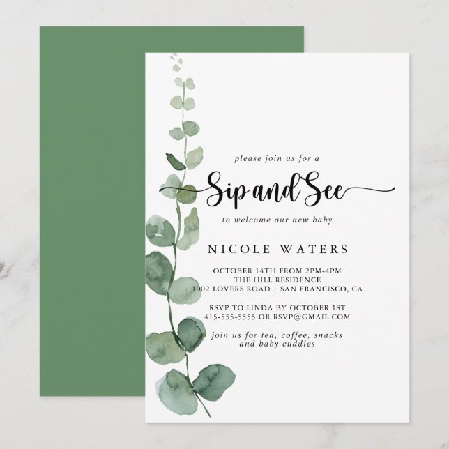 Green Delight Eukalyptus Calligraphy Sip und Siehe Einladung (Vorne/Hinten)