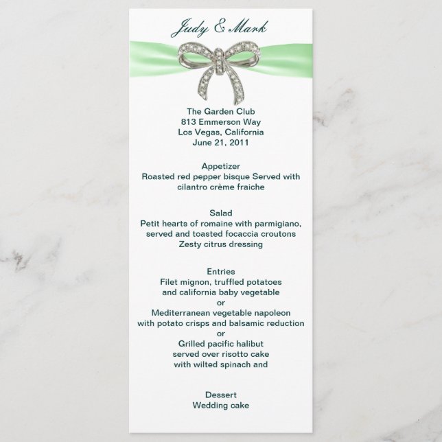 Green Diamond Bow Wedding Menu Card Menükarte (Vorderseite)